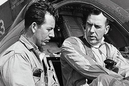 Crew chief Dick Lofland, left, with pilot Bob Ferry before the record-setting flight.