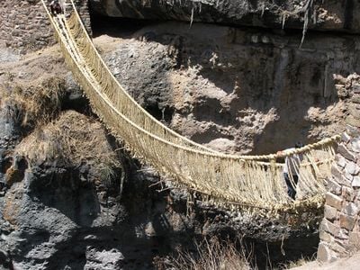 Q'eswachaka suspension bridge. Q'eswachaka, Apurímac River, Canas Province, Cusco, Peru. 