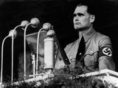 Nazi official Rudolf Hess delivering a public address in 1937.