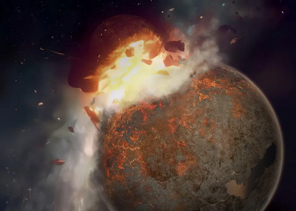Drawing of a smaller planet colliding with Earth in a fiery impact