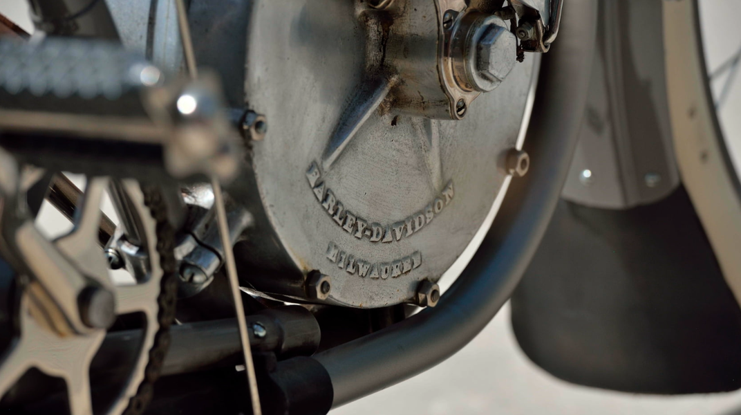 close-up shot of Harley-Davidson logo on motorcycle