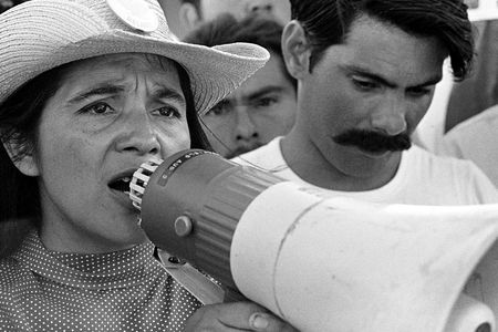 United Farm Workers leader Dolores Huerta organizing marchers on the second day of March Coachella in Coachella, CA 1969