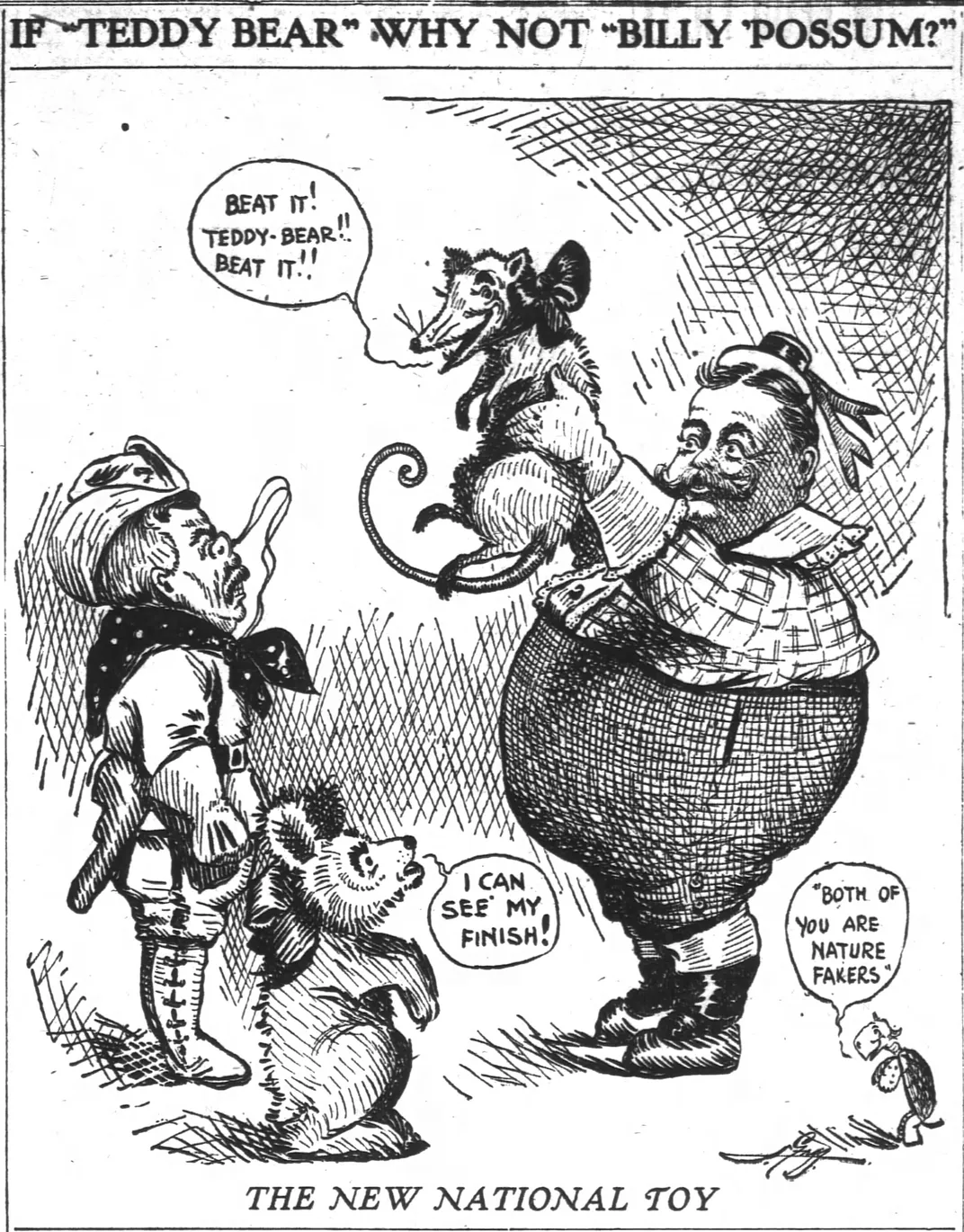 A 1909 political cartoon about Billy Possum versus the teddy bear