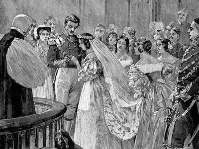 An illustration of the marriage of Queen Victoria and Prince Albert on February 10, 1840.