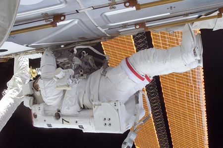 Tom Jones on a spacewalk during the STS-98 mission in February 2001.