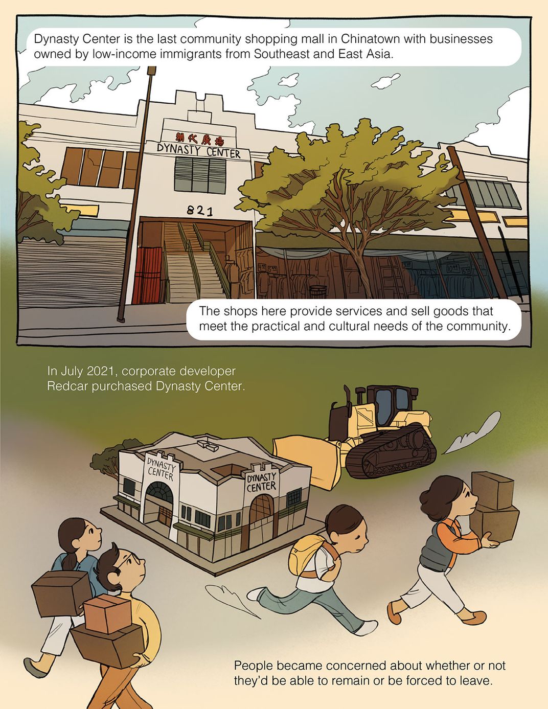 Illustrated comic page. Top panel: One of Dynasty Center’s entrances, with a staircase leading upwardand open shops displaying clothes and other goods on the bottom level. Trees planted on the sidewalks.