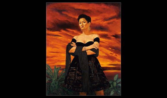 an oil painting of a woman in black dress with an orange sky behind her