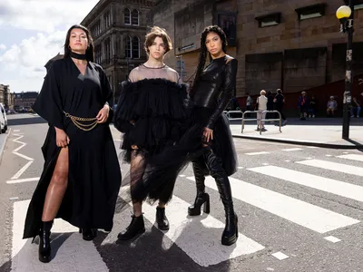Models Shannon Summers, Joshua Cairns and Grace Dempsey arrive at the National Museum of Scotland ahead of the opening of &quot;Beyond the Little Black Dress.&quot;