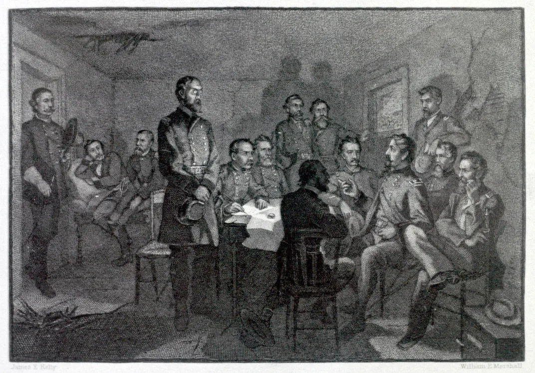 Engraving by James E. Kelly of Meade and his war council on July 2, 1863