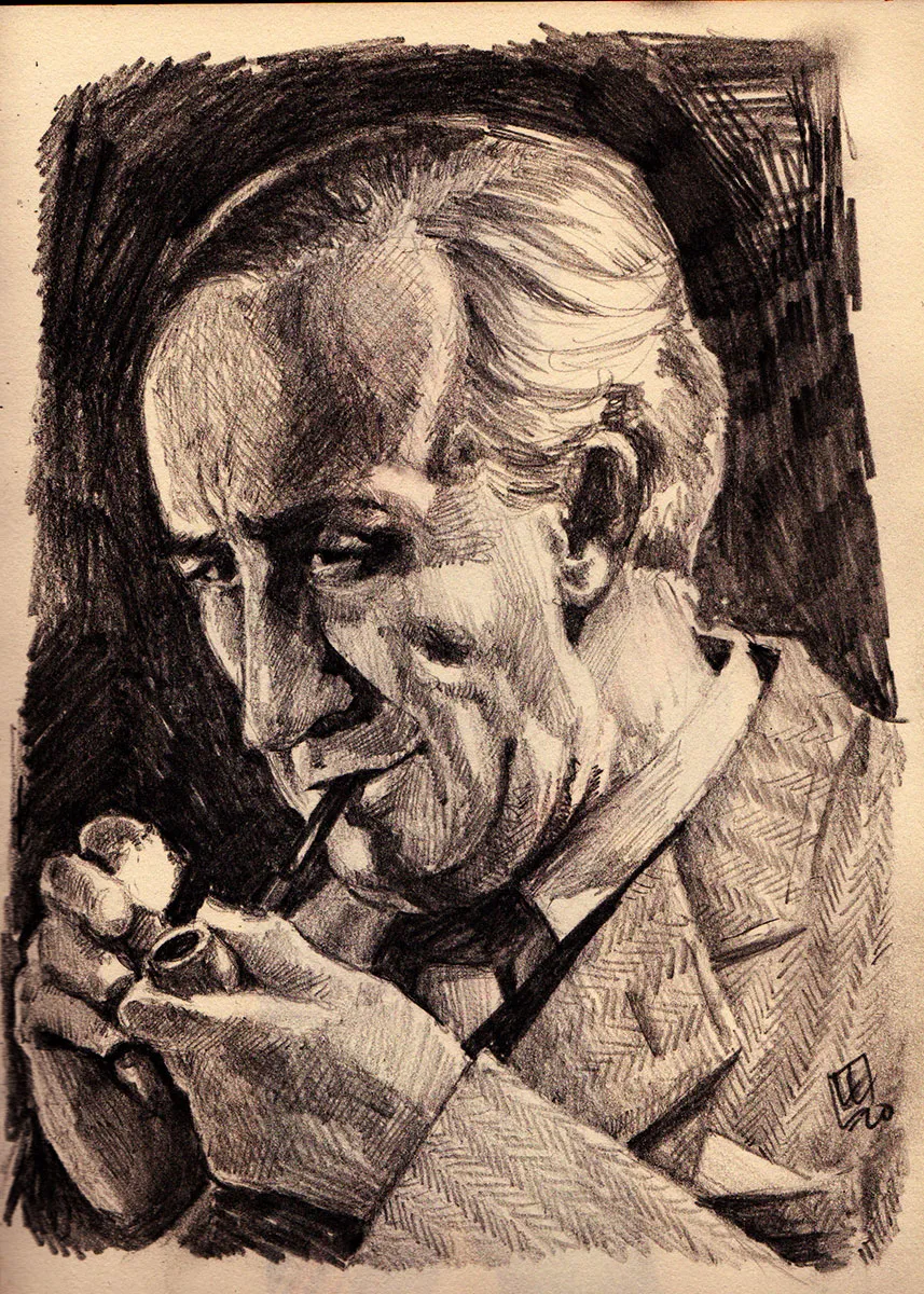 Pencil or charcoal potrait of an elder man lighting a pipe.