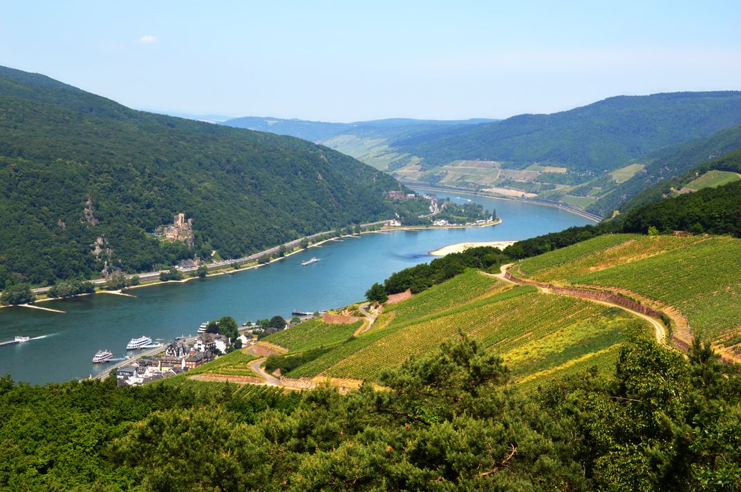 The medieval town of Rüdesheim, located along the Rhine