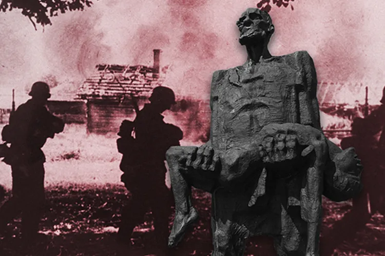 Statue of Khatyn massacre survivor in front of burned village (mobile)