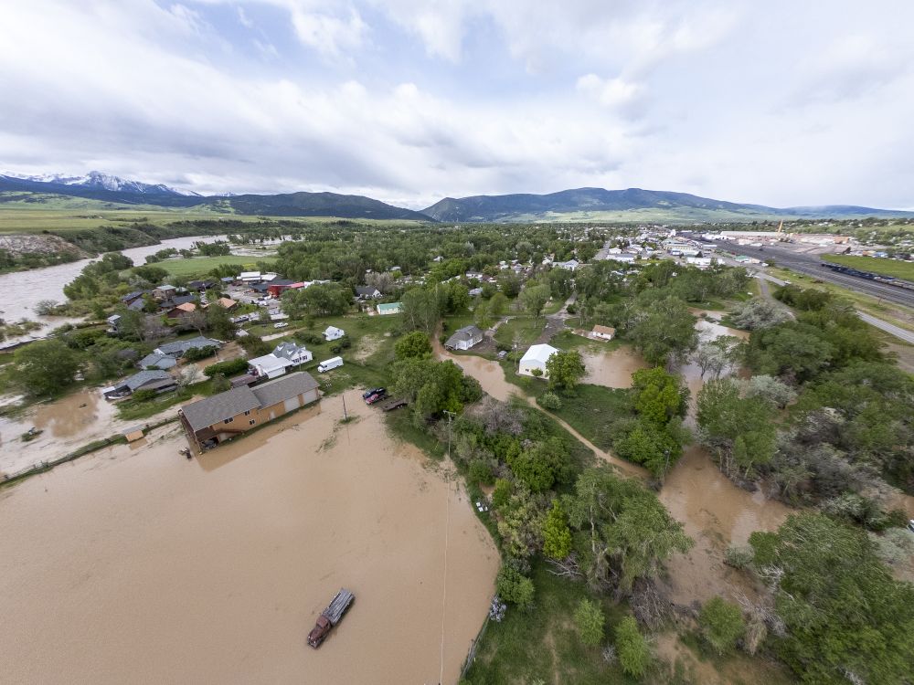 Aerial view of flooding in Livingston, Montana, on June 14, 2022