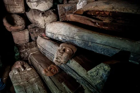 Beneath the ruins of the Bubasteion temple, archaeologists discovered “megatombs” crammed with burials. The coffins pictured date to more than 2,000 years ago.