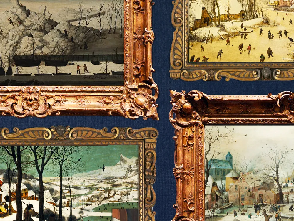 Illustration of four paintings depicting Dutch winters