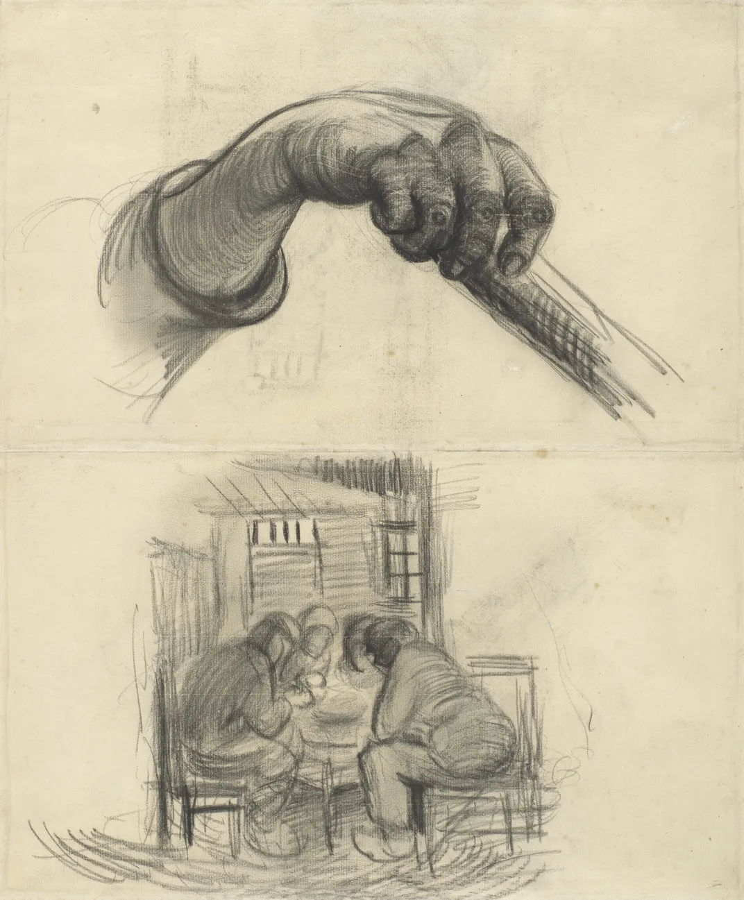 Vincent van Gogh, Hand With a Stick, and Four People Sharing a Meal, March–April 1885, chalk on paper