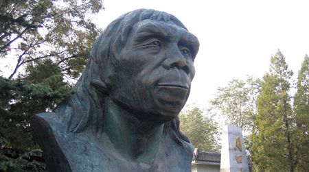 A giant bust of Peking Man at Zhoukoudian