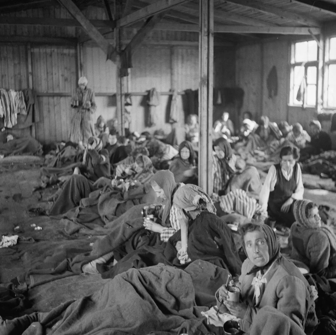 Survivors of Bergen-Belsen following the camp's liberation