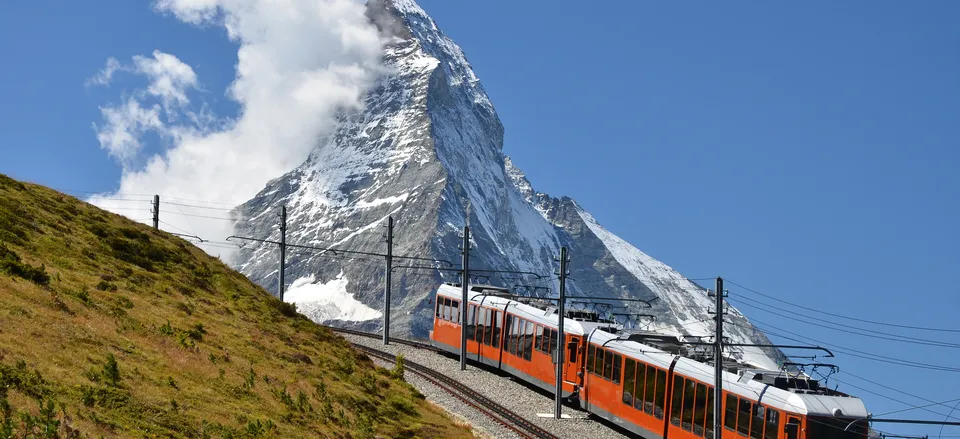  The famous <i>Gornergrat Bahn</i>, the highest cog railway in Europe, with the profile of the Matterhorn 