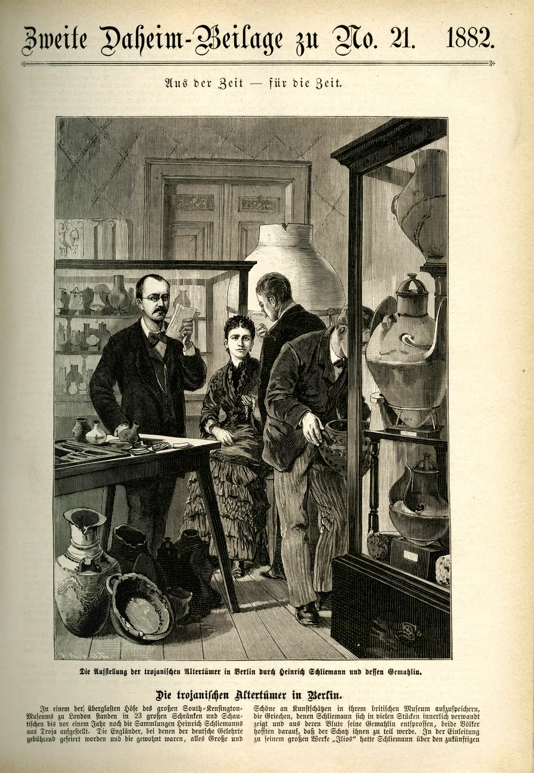 1882 drawing of Heinrich Schliemann and his wife installing Trojan antiquities in Berlin