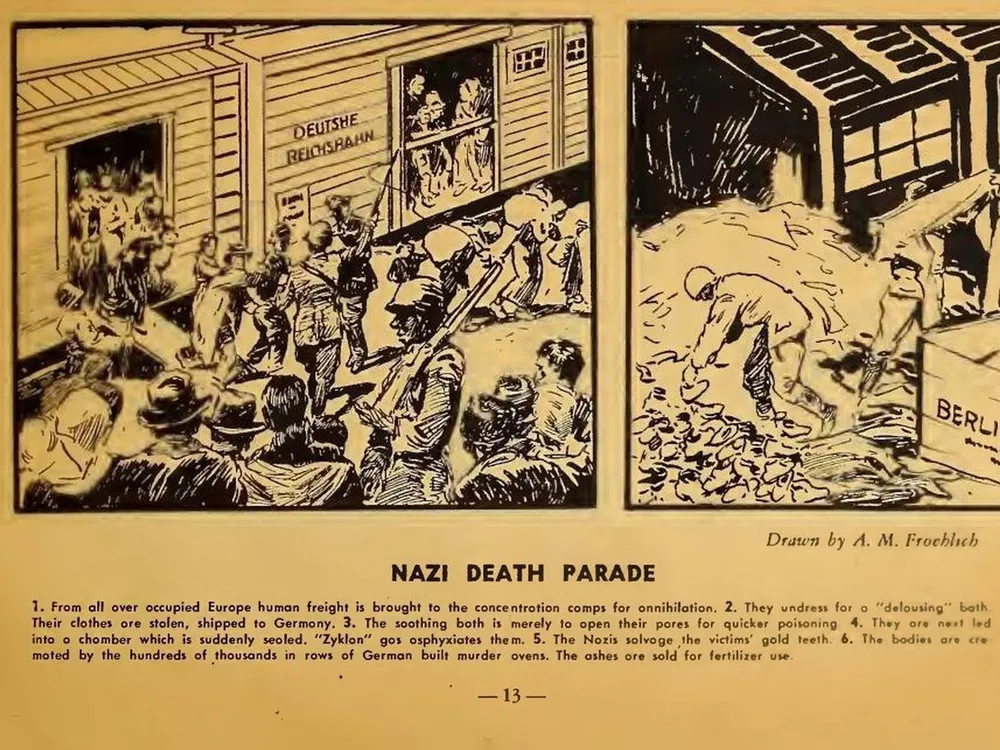 The first two panels of "Nazi Death Parade," a six-panel comic depicting the mass murder of Jews at a Nazi concentration camp