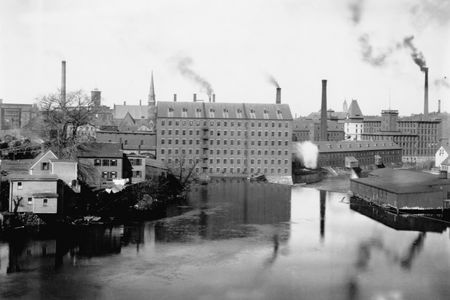 Mills and smokestacks in Lowell, Massachusetts, considered by some historians to be the first real company town in the U.S.