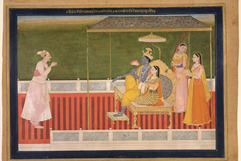 Watercolor showing an individual paying homage to gods