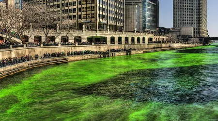 A high resolution photo of the Chicago River on St. Patrick’s Day
