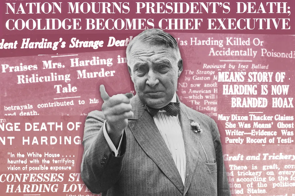 Illustration of Warren G. Harding pointing his finger, in front of newspaper headlines about his death