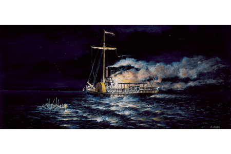 This painting depicts the night the Phoenix steamboat caught fire on Lake Champlain. 