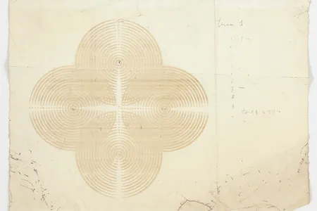 Etude 1, 1967- 1968, is a piece of Thermo fax paper with an image that looks like a four-leaf-clover, with four overlapping circles. Each circle has concentric inner circles composed of individual letters of the alphabet. 