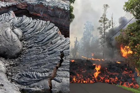 Left: A cooled pāhoehoe flow from the Kīlauea, showing its characteristic ropey texture, captured in 2012 (imageBROKER / Alamy). Right: An ‘a‘ā flow from Kīlauea moves down Makamae Street in Leilani Estates, Hawaii on May 6, 2018.