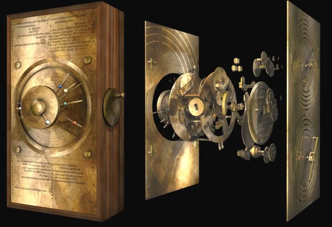 Exploded model of the Cosmos gearing of the Antikythera mechanism