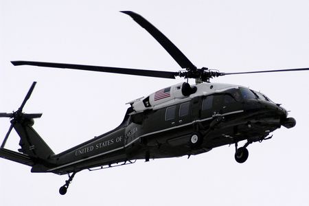 A VH-60 White Hawk of the Marine Helicopter Squadron One (HMX-1) flies over the Potomac.