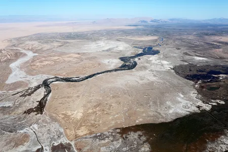 An aerial view of the lower portion of the Colorado River shows the leading edge of the water pulse flow on May 12, before it connected with the sea. 