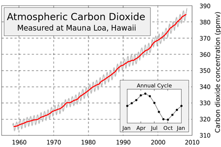This figure shows the history of atmospheric carbon dioxide concentrations as directly measured at Mauna Loa, Hawaii.