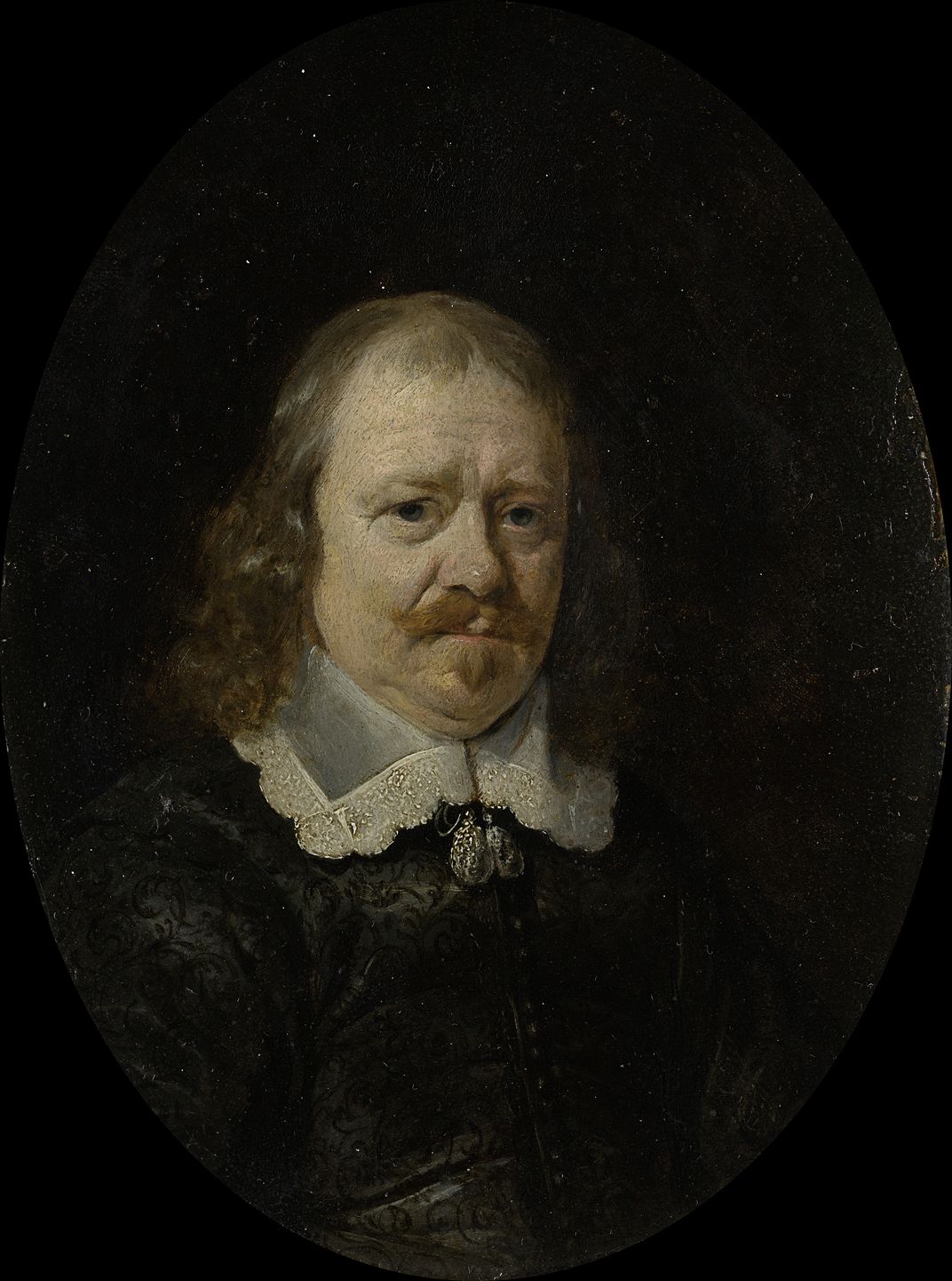 A portrait of an elderly white man in a white lace collar and black clothes, with a mustache and serious expression