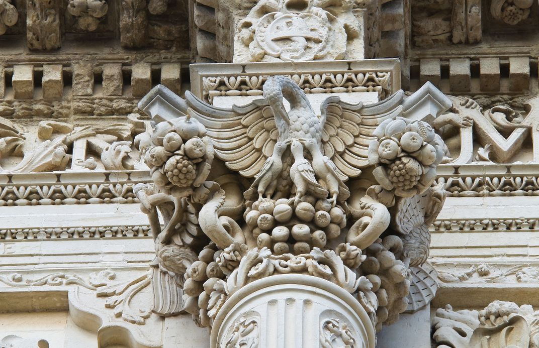 Detail of the ornate sandstone carving of Lecce's <i>barocco leccese</i> style