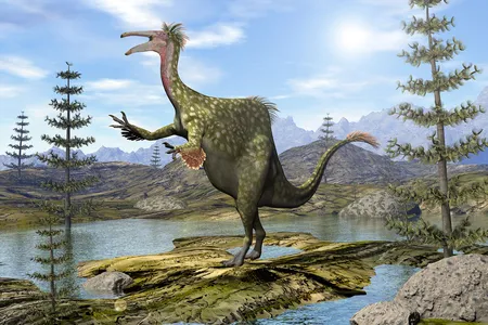 Deinocheirus walks across a landscape dotted with ponds. Fossils found recently in eastern North America provide evidence that similar dinosaurs lived on our continent.