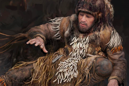 Adult male from grave 76a in Yuzhniy Oleniy Ostrov, drawn as if alive during a dance session, with 140 elk teeth on his chest, waist, pelvis and thighs