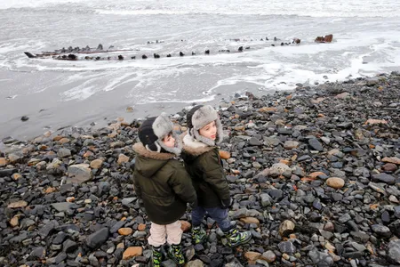In March 2018, brothers Griffin, left, and Maxwell Bean of Berwick stand at the edge of Short Sands Beach on Tuesday for a rare glimpse of a shipwrecked sloop that emerged from the sand during recent heavy surf.