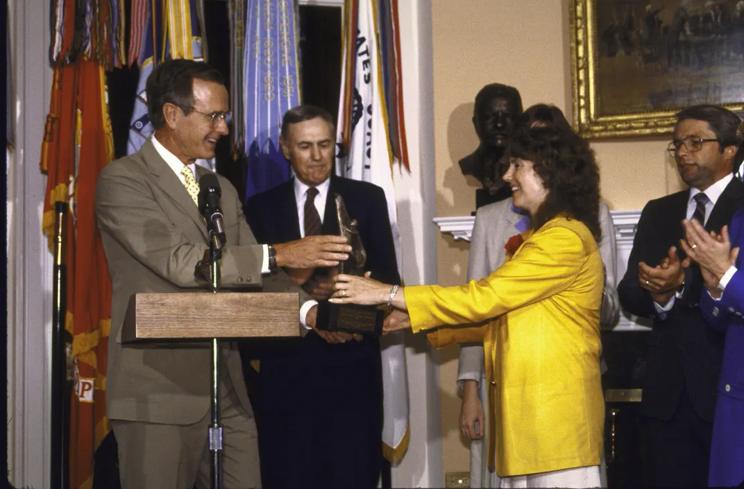 Vice President George H. W. Bush with Christa McAuliffe at the White House in 1985