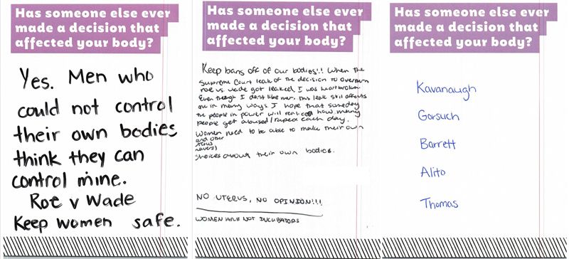 Three cards where visitors named people and groups who made decisions affecting their bodies, including the Supreme Court. One wrote: "Yes. Men who could not control their own bodies think they can control mine. Roe v. Wade. Keep women safe."