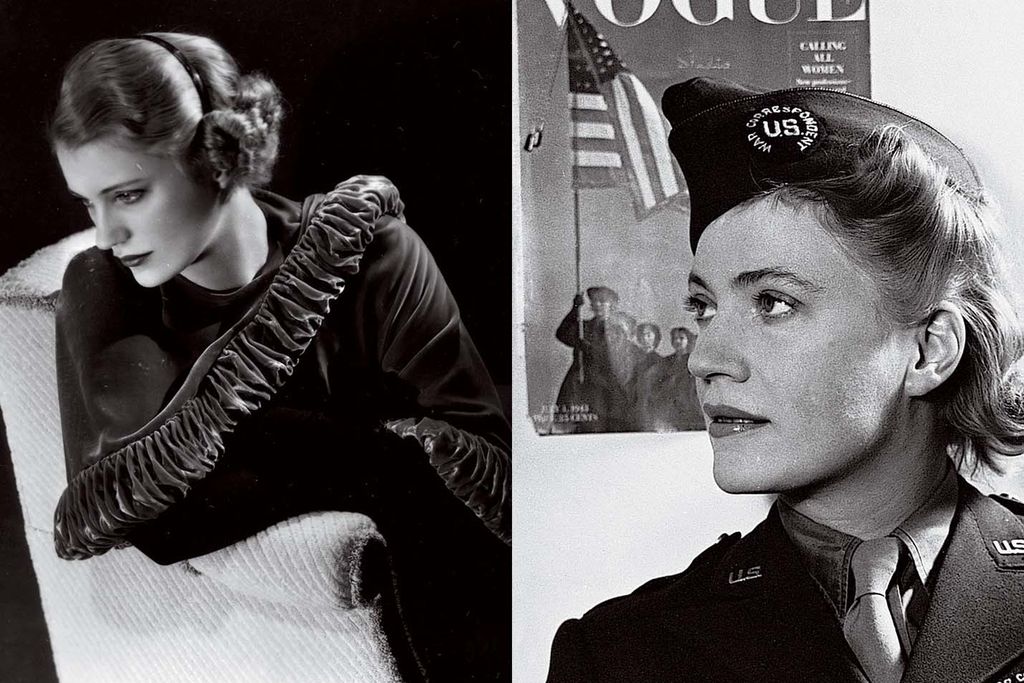two photographs of the same woman modeling