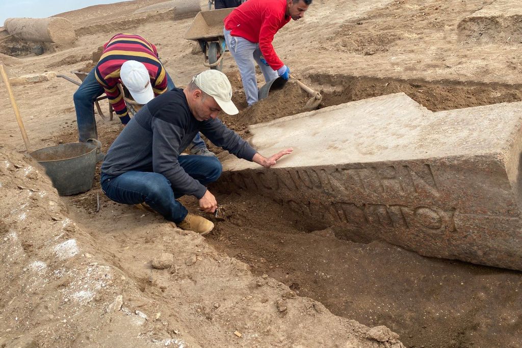 Archaeologists work in the ruins of a temple of Zeus Kasios in the Sinai Peninsula, Egypt.