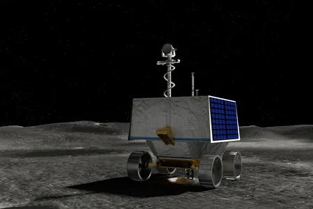 An illustration of NASA&#39;s VIPER rover drilling on the moon