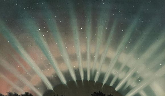 In this pastel drawing, 14 bluish white rays radiate out and upward from a dark half-moon shape flanked by trees. White stars are visible in the night sky.