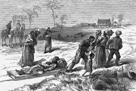 An etching of Black families gathering the dead after the Colfax Massacre published in Harper's Weekly, May 10, 1873