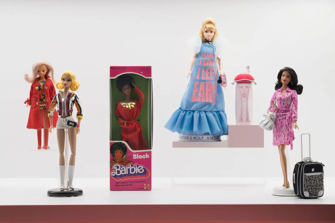 A selection of dolls on view in the exhibition, including Daisy by Mary Quant (far left) and the Diane von Furstenberg Barbie (far right)