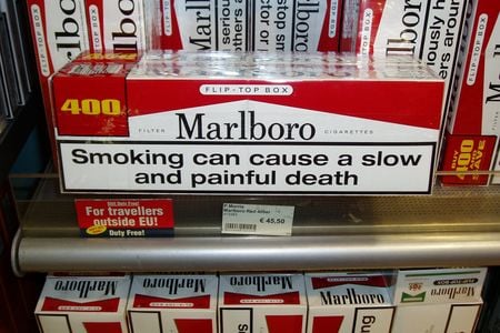 The warning label on cartons of duty-free cigarettes in Munich, Germany circa 2006. 